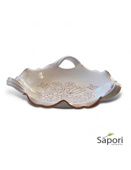 Centrotavola tre manici in Terracotta smalto bianco e decoro a incisione Sapori Salento