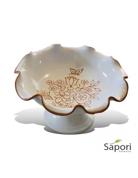 Centrotavola Porta Frutta alto in Terracotta colore bianco decorato a mano con la tecnica del graffiato