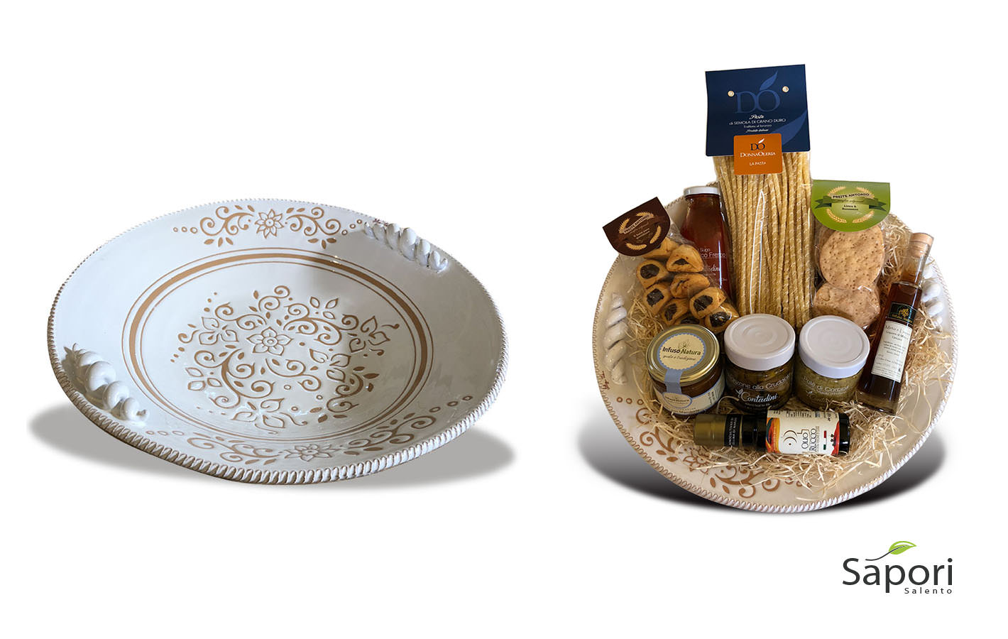 cesto con centro tavola e prodotti salentini